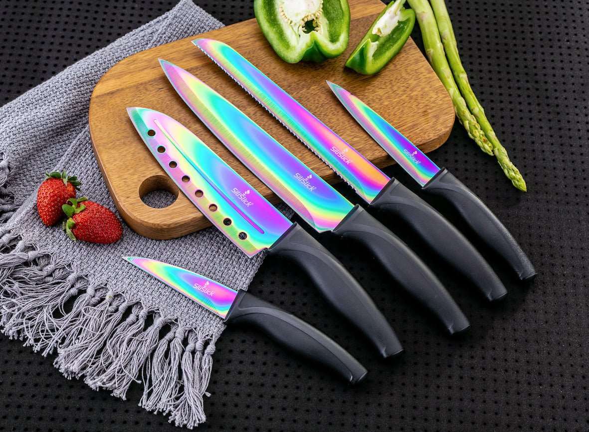 Kitchen Knife Set Kit | Black Handle, Black Magnetic Rack & Sharpener